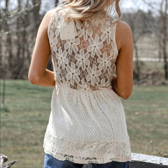 Boho Ivory Lace Sleeveless Top | High Neck Peplum Tank Blouse - Picture 4 of 4
